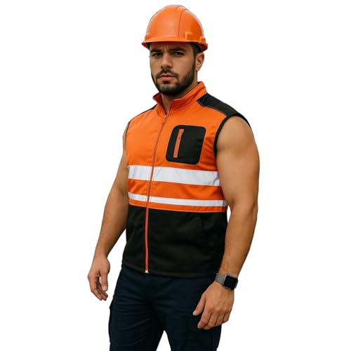 Inspire Me Mens Hi Viz Bodywarmer Fleece Lined Hi vis Reflective Workwear High Visibility Security Safety Wear Warm Gilet Waistcoat Body Warmer Padded Vest (Orange, 2XL)