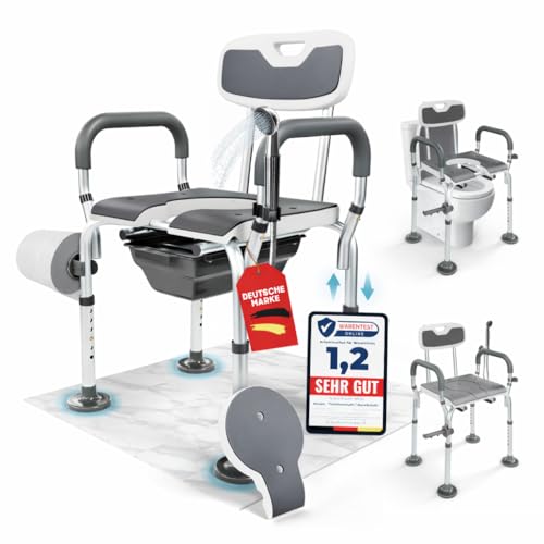 ZENTHIA 3-in-1 Toilettenstuhl, Toilettensitzerhöhung & Duschstuhl. Registriertes Medizinprodukt. Höhenverstellbar. Bis 136 kg. Rückenlehne & Armlehnen für Sicherheit. Aufstehhilfe. Entlastet Pflegende