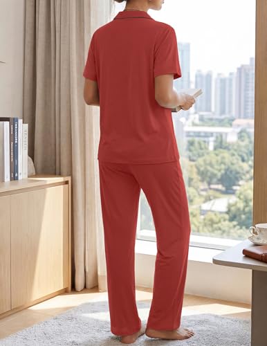 Image of ZMJ Womens Pajamas Sets 2 Piece Button Up Pj Sets Short Sleeve with Long Pant Brick Red S