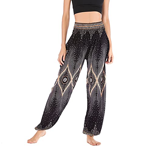 Lu's Chic Women's Boho Pants Smocked Waist Hippie Harem Yoga Gypsy Palazzo Summer Beach Pants Black X-Small to Large