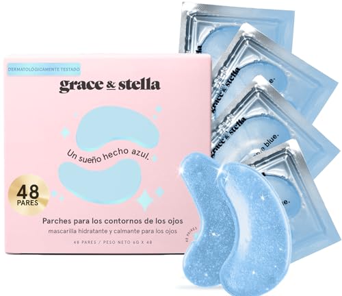 Grace and Stella Parches Ojos Bolsas y Ojeras para Reducir Ojeras, Bolsas, Arrugas - Parches Ojos de Gel, Cuidado Personal Vegano No Testado en Animales [48 Pares, Azul]