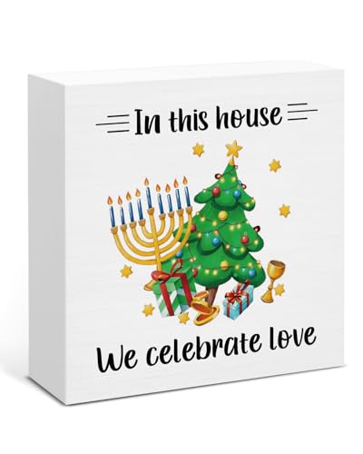 Image of Hanukkah Decor, Hanukkah Gifts for Women Men, In This House We Celebrate Love Wood Box Sign, Jewish Christmas Decorations for Home Office Shelf 5 x 5 Inch