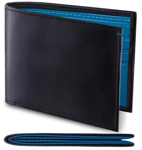 Slim Leather Wallet for Men & Women – Genuine Leather Bifold Card Holder – Handmade Minimalist Wallet with Multiple Card Slots & Bill Compartments – Front Pocket Design – Black & Blue