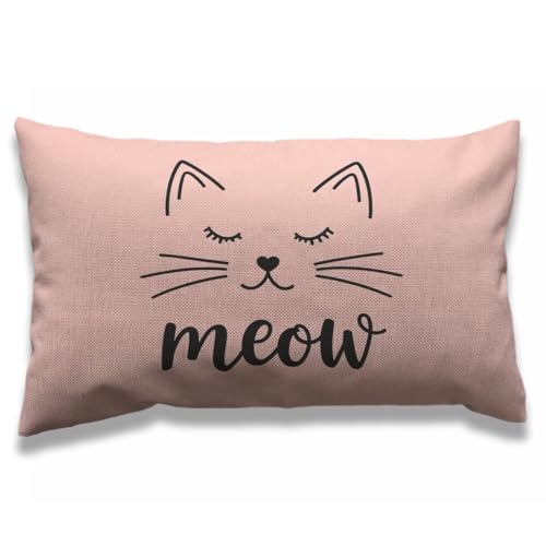 AOYEGO Cat Face Throw Pillow Cover 12x20 Inch Cute Animal Kitten Cat Smile Meow Rectangle Pillow Cases Home Decorative Cotton Linen Cushion Cover for Bed Sofa Pink