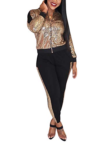 SIAEAMRG Women 2 Piece Glitter Sequin Outfits Tracksuit, Long Sleeve Jacket Tops Bodycon Long Pants Sparkle Sweatsuit Club Wear (XL, Rose Gold)