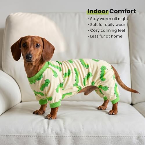Image of Fitwarm Caterpillar Dog Fleece Pajamas, Cozy Clothes for Small Dogs Boy Girl, Funny Pet Onesie, Beige, Green, XS
