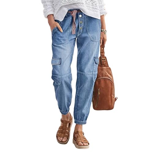 Straight Leg Button Fly Jeans for Women Multi Pocket Mid Rise Jeans Without Belt Denim Pants