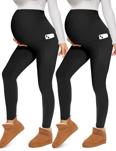 Image of Fotociti Maternity Fleece Lined Leggings with Pockets Over The Belly,Womens Pregnancy Thermal Warm Workout Yoga Pants Winter
