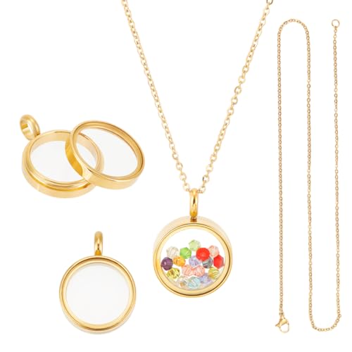 UNICRAFTALE 2-Sets 18K Vergoldete Memory-Medaillon-Anhänger mit 45cm Kette Schwimmende Medaillon-Anhänger aus Edelstahl 15mm Glas-Fotorahmen für DIY-Projekte Unisex Gold 2 Stück