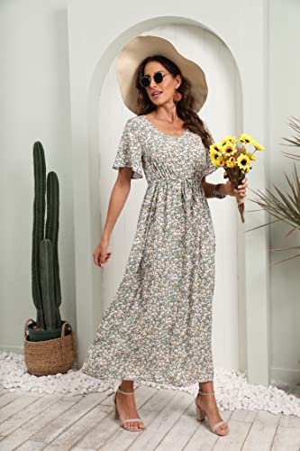 Grecerelle Women's Casual Boho Maxi Dress Short Sleeve V Neck Loose Summer Wedding Guest Dress Drawstring Waist Beach Dress Lily Green Xl #TOP2