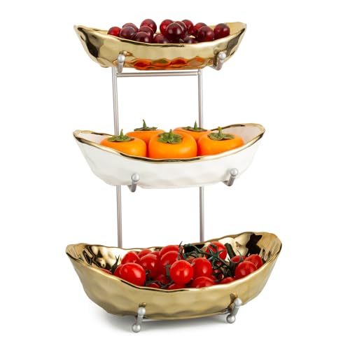 GENDLTHIJ Fruit Bowl for Kitchen Counter, 3 Tier Ceramic Serving Bowls with Metal Stand, Tiered Fruit Basket for Fruit Vegetable Storage, Snack, Bread Candy, Nuts, Cake, Dessert (Gold)