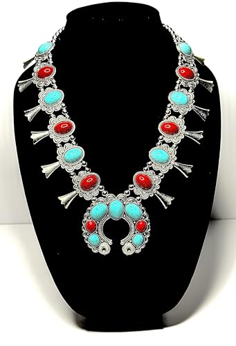 Red and turquoise stone squash blossom flower bib necklace3