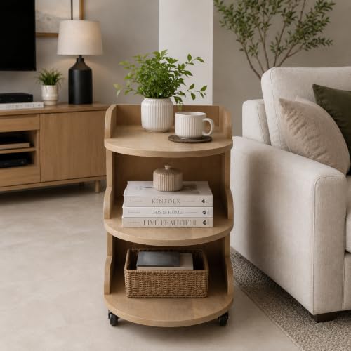 Image of The Attic Solid Wood Rolling Serving Trolley with Storage Shelves, Natural Finish