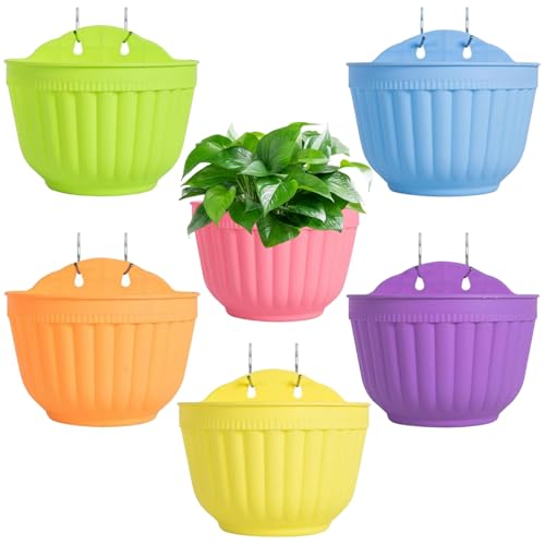 Macetas pequeñas de resina para colgar en la pared, 6 unidades, con ganchos en S, verde y amarillo, naranja, azul, para decoración de jardín y valla al aire libre, ideal