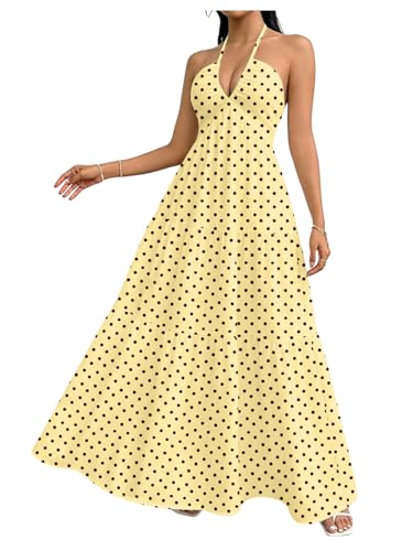 Image of SHENHE Women's Deep V Neck Tie Knot Backless Halter Dress A Line Flowy Ruffle Maxi Dress