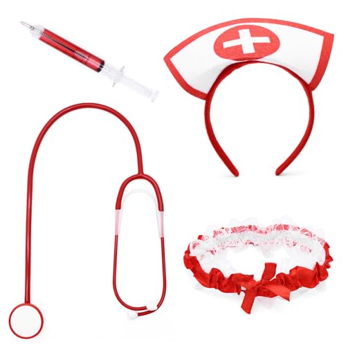 Krankenschwester Kostüm Halloween, 4-teiliges Set für Halloween und Karneval, mit Haarreif, Stethoskop, Strumpfband und SpritZenstift, perfekt für...