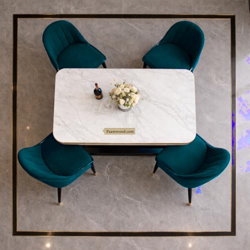 Image of Ring Dining Table Set 4 Seater Marble Finish Dining Table Set with Gold Metal Base & Cushioned Chairs - 2yr Warranty - Modern Dining Table for Home & Kitchen (54 x 36 x 30 Inch) (Sea Blue)