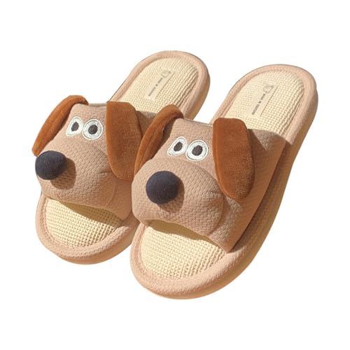 Dog Slippers for Women Man Open Toe Indoor Linen Slippers Four Seasons Cartoon Dog Animal Slides Sandals Comfy Outdoor Non-Slip Home Shoes(40/41 EU, Khaki)