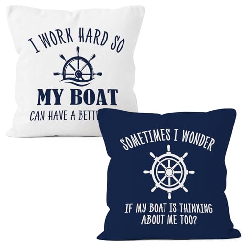 MONALET Funny Boat Nautical Throw Pillow Cover 18x18 Set of 2, Nautical Gifts Decor Pillow Cases for Sailor, Coastal Boat Decorative Square Pillowcases for Home Living Room Bedroom Couch Sofa
