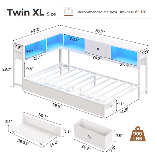 Image of Hasuit Corner Twin XL Bed Frame with Storage Drawers and Bookcase Headboard, Twin xl Size Metal Platform Corner Bed Frame with Charging Station & LED Lights, Twin XL Daybed for Kids Teens Guests,White
