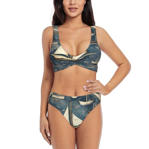 Maillot de bain pour femme 2 pièces à motif carte nautique idéal pour vos vacances