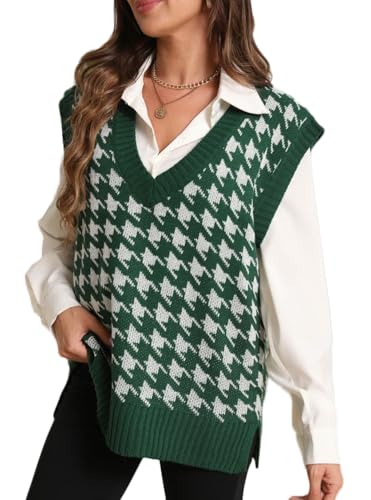 Sunfaynis Women's V Neck Houndstooth Sweater Vest Sleeveless Loose Pullover Sweater