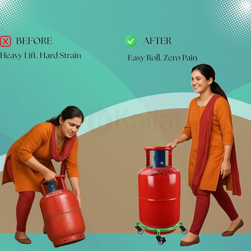 Image of Gas Cylinder Trolley with Lock Wheels - Green | Heavy Duty Steel LPG Cylinder Stand | 360 Smooth Rolling Caster Wheels (2+2 Lock) | Rust Resistant Cylinder Holder for Kitchen & Home