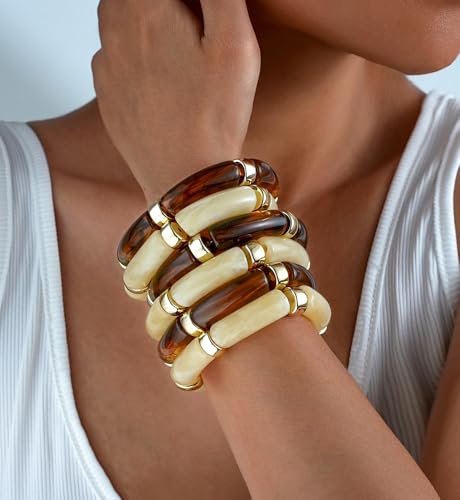 iF YOU 6pcs Chunky Acrylic Bangle Bracelets for Women, Resin Bamboo Bead Stretchy Bracelet Stack, Fashion Jewelry for Women2
