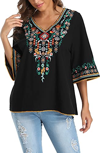 YZXDORWJ Women's V Neck Embroidered Mexican Peasant Blouse