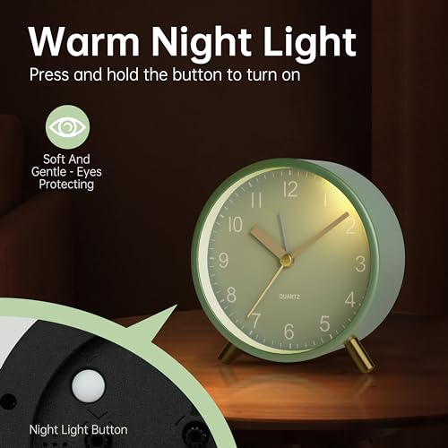 Image of JALL Analog Alarm Clock, 4 inch Super Silent Non Ticking Small Clock with Night Light, Battery Operated, Simple Design, Easy Setting for Office, Bedroom, Bedside, Desk, Teens, Elders, Adult, Green