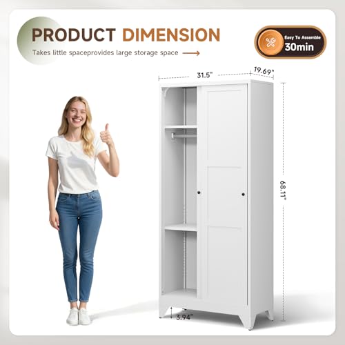 Image of Letaya Armoire Wardrobe Closet,20 inch Deep Armoire Wardrobe Cabinets with Sliding Doors and Shelves,Narrow Slim Coat Closet Cabinet with Hanging Rod for Home (White)