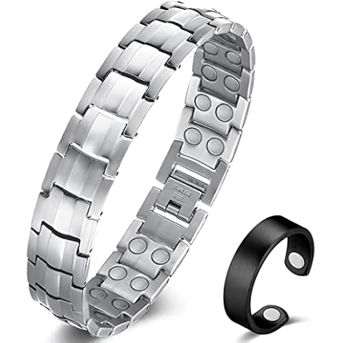 Vicmag Men Magnetic Bracelets Titanium Steel Magnet Bracelet Ultra Strength Double Row 3500 Gauss Wristband Brazaletes with Adjustment Tool & Jewelry Gift Box (Silver) Cover