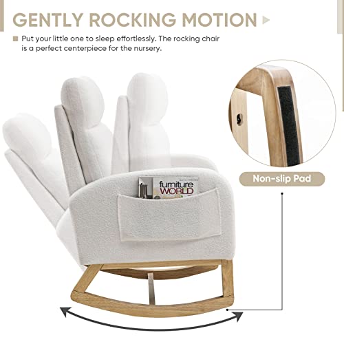 Nursery Rocking Glider Chair, Modern Teddy Fabric Tall Back Accent Rocker Chair Upholstered Arm Chair W/Side Pockets, Modern Leisure Single Sofa For Living Room, Hotel, Bedroom, Office, White #TOP4