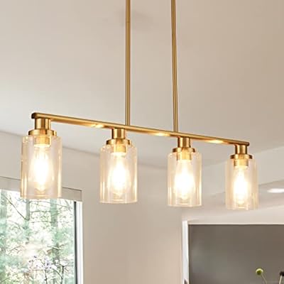 KPIOK Kitchen Island Lighting, 4-Light Dining Room Light Fixtures Over Table, Gold Linear Chandelier for Dining Room Hanging,Pendant Lights Kitchen Island,with Clear Glass Shade,Height Adjustable