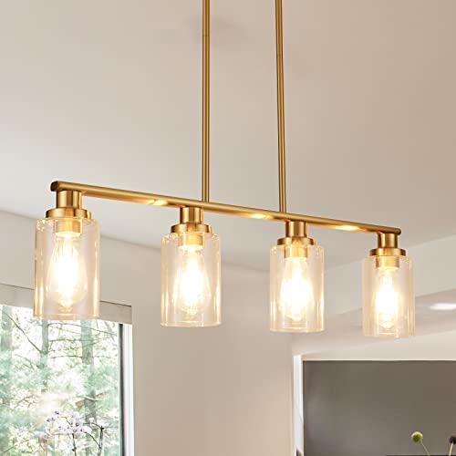 KPIOK Kitchen Island Lighting, 4-Light Dining Room Light Fixtures Over Table,Gold Linear Chandelier for Dining Room Hanging,Pendant Lights Kitchen Island with Clear Glass Shade by KPIOK - Used condition - US$77.54