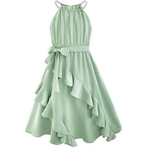 Girls Dresses Tween Halter Tie Back Tiered Ruffle A-Line Flowy Dress Summer Sleeveless Sundress Size 5-14 Years 7-8 Years Sage Green
