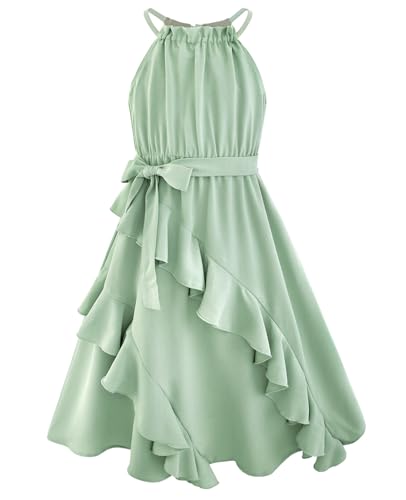 HOZIY Tween Dresses 10-12 Sage Green Halter Neck Backless Tiered Ruffle A-Line Belt Casual Juniors Spring Easter Dresses