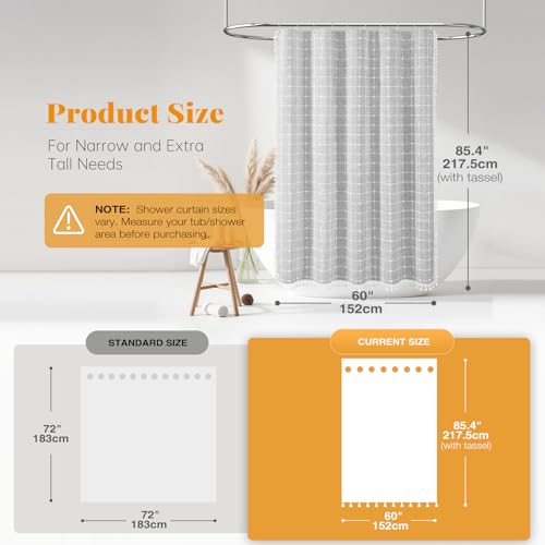 Image of BTTN Stall Shower Curtain - 60x84 Long Boho Farmhouse Linen Weighted Fabric Cloth Shower Curtain Set with 10 Plastic Hooks, Narrow Bohemian Country Decorative Shower Curtains for Bathroom - Grey /Gray