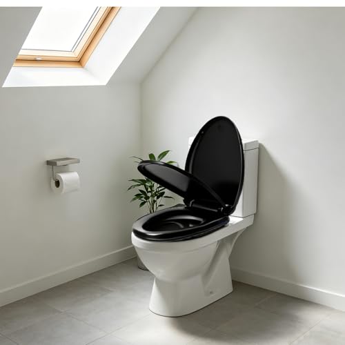 Image of Black Toilet Seat Elongated, 18.5 x 14.2 Inch, Slow Close, Bottom-Mount Design, Fits 2-Piece Toilets, Durable & Easy to Install, PP Material Safe and Durable