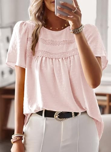 Image of Falechay Womens Summer Tops Crewneck Short Sleeve Shirts Casual Chiffon Blouses Flowy Lace Hem Boho Clothing Trendy 2026