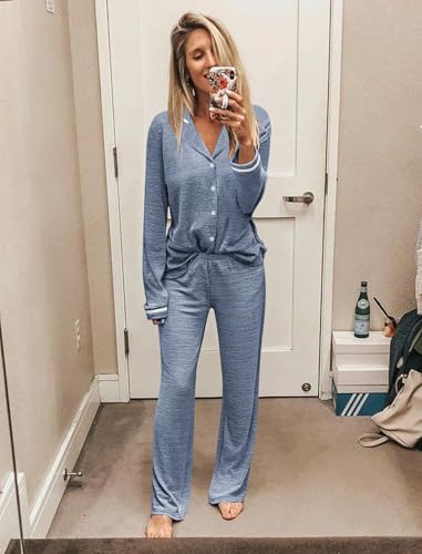 Ekouaer Women's Pajama Sets Long Sleeve Button Down 2 Piece Pjs Soft Lounge Sets Notch Collar Sleepwear2