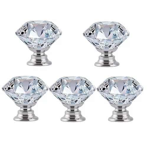 AILEWE 引き出し 取っ手 クリスタル 光学級K9クリスタルガラス 5個セット 高さ28mm 直径30mm,つまみ 透明 亜鉛合金ベース,ガラス 扉 ノブ,クローゼット,ドレッサー,取っ手 おしゃれ,キラキラ, DIY つまみ 金具(ダイヤモンド型) (シルバー)