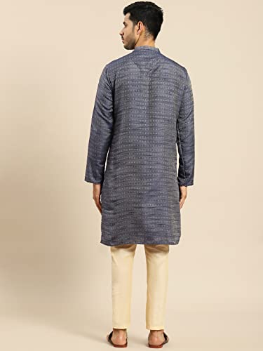 Image of Men's Black Art Silk Regular Fit Ethnic Motifs Kurta | Indian Kurta | Festive Ethnic Kurta with Embroidered Packet