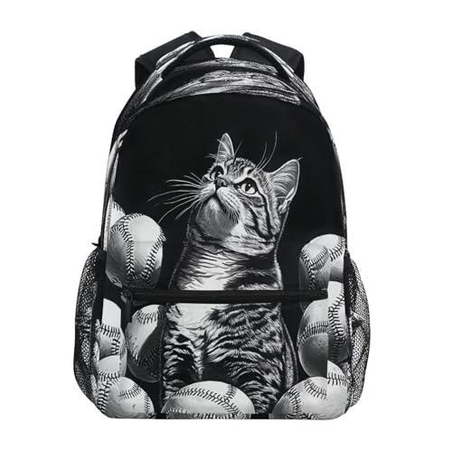 Baseball Cat Kitten Funny Backpack for School Boys Girls Adults Kids Bookbag Laptop Bag 15L