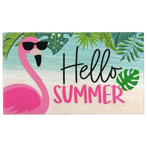 Summer Door Mat,Flamingo Tropical Leaves Beach Indoor Outdoor Non-Slip Mat,Entryway Front Porch Farmhouse Summer Door Rug for Entrance Decor 30" x 17"