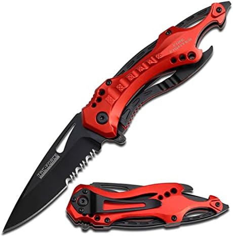 TAC Force- Spring Assisted Folding Pocket Knife – Black Stainless Steel Blade with Red Aluminum Handle, Bottle Opener, Glass Punch and Pocket Clip, Tactical, EDC, Rescue - TF-705EM