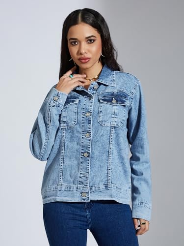 Image of Miss Chase Women's Polo Neck Full Sleeves Patch Pocket Denim Overcoat Knee-Length Jacket