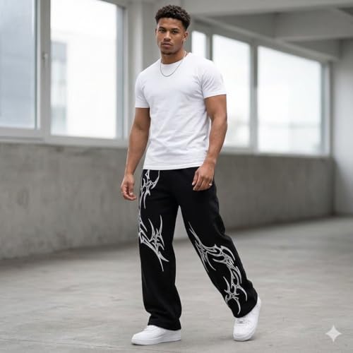 Image of Men's Baggy Track Pants,for Men - Tribal Print Oversized Fit Baggy Streetwear Gym Wear with Elastic Waist (in, Alpha, M, Regular, Light Grey)