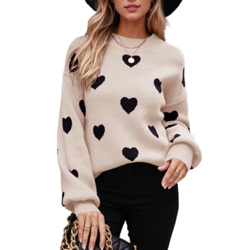 Image of Women's Valentines Pullover Sweaters Cute Hearts Long Sleeve Crewneck Knitted Y2k Sweaters Kawaii Aesthetic Clothes