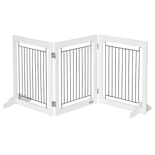 PawHut Puerta Plegable de Madera para Mascotas con 3 Paneles, 2 Patas de Apoyo para Perros pequeños, Color Blanco